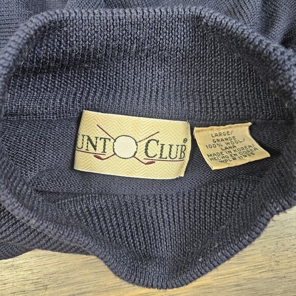 VTG Hunt Club Dark Blue Knit Mock Neck Sweater 100% Wool Men's Large Golf Preppy - Picture 2 of 3